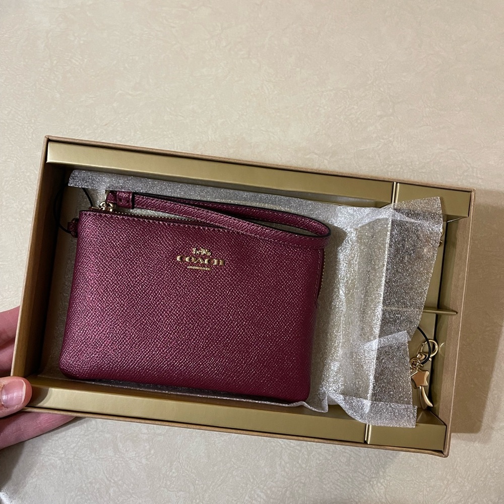 Coach Black Cherry corner zip wristlet